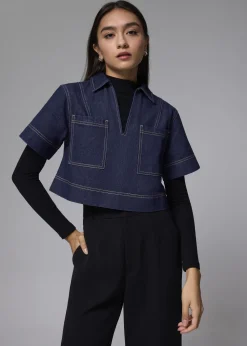 Love, Bonito Weekend & Vacation Tops|Petite-Friendly*Denim Boxy V-neck Crop Top