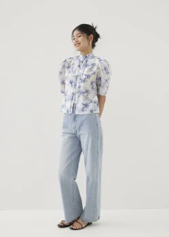 Love, Bonito Party Tops|Blouses & Shirts*Jian Mandarin Collar Puff Sleeve Blouse in Heirloom Botanicals