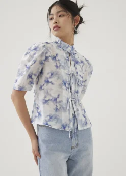 Love, Bonito Party Tops|Blouses & Shirts*Jian Mandarin Collar Puff Sleeve Blouse in Heirloom Botanicals